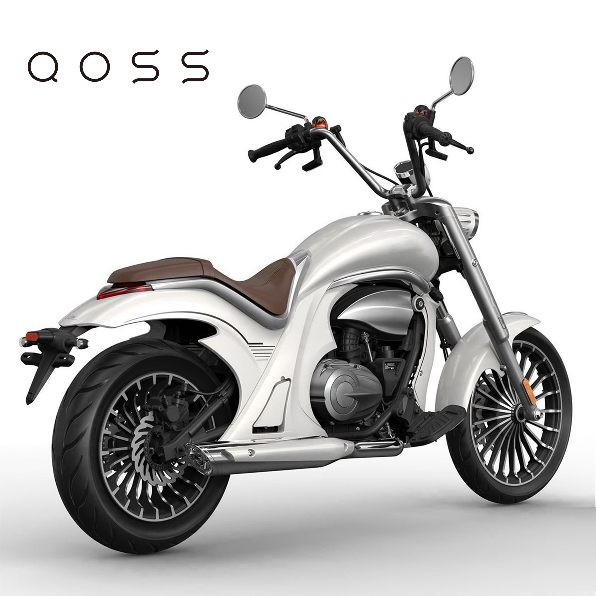 QOSS Motorcycle, Classic Chopper Style Street Bike with 17" Spoke Wheels, White & Brown