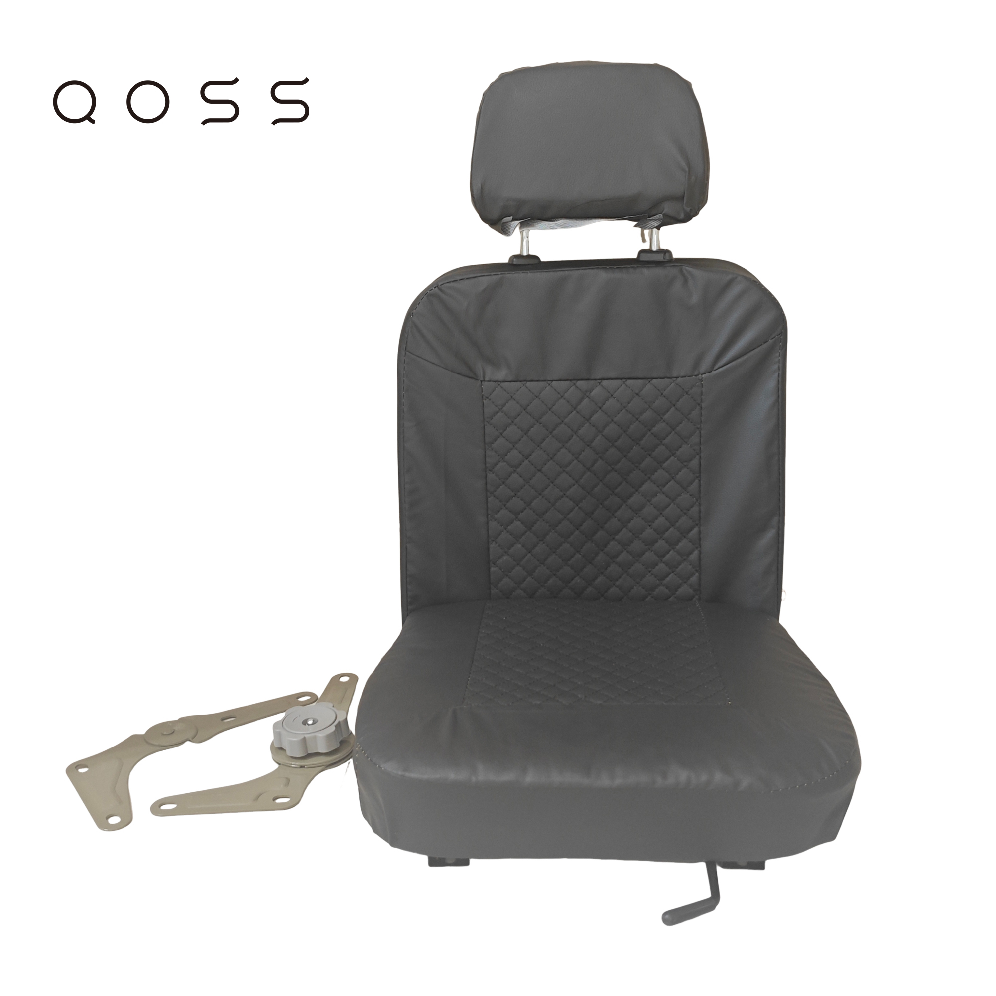 QOSS Black PU Leather Adjustable Vehicle seat with Headrest, Reclining Mechanism, for Golf Cart, UTV, RV, Forklift, Off-Road and Utility Vehicles